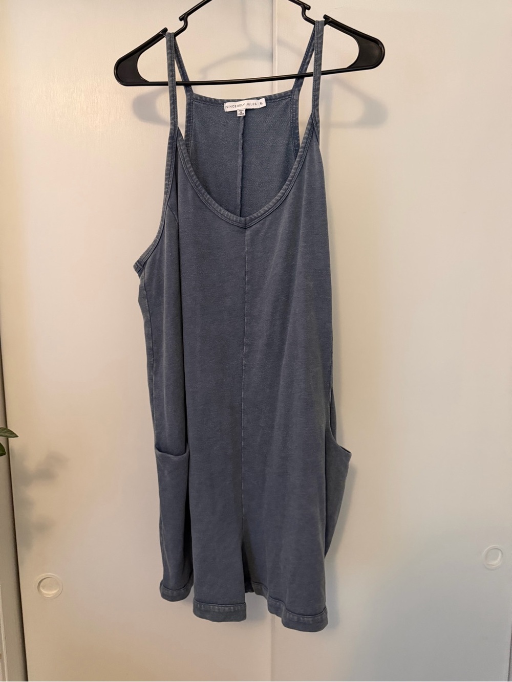 Wayf Denim-Look Blue Spaghetti Strap romper with Pockets